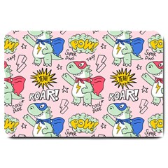 Seamless Pattern With Many Funny Cute Superhero Dinosaurs T-rex Mask Cloak With Comics Style Large Doormat by Ravend