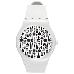 Wine Pattern Black White Round Plastic Sport Watch (m) by Jancukart