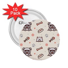 Pug-dog-cat-with-bone-fish-bones-paw-prints-ball-seamless-pattern-vector-background 2 25  Buttons (10 Pack)  by Jancukart