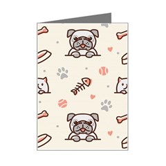 Pug-dog-cat-with-bone-fish-bones-paw-prints-ball-seamless-pattern-vector-background Mini Greeting Card by Jancukart