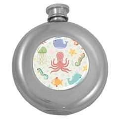 Underwater-seamless-pattern-light-background-funny Round Hip Flask (5 Oz) by Jancukart