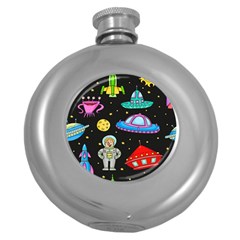 Seamless Pattern With Space Object Ufo Rocket Alien Hand Drawn Element Space Round Hip Flask (5 Oz) by Wegoenart