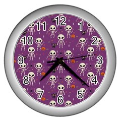 Background Halloween Pattern Pumpkin Skeleton Bat Wall Clock (silver) by Ravend