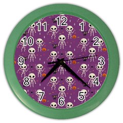 Background Halloween Pattern Pumpkin Skeleton Bat Color Wall Clock by Ravend