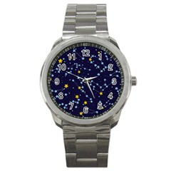 Seamless Pattern With Cartoon Zodiac Constellations Starry Sky Sport Metal Watch by Pakemis