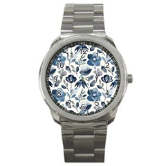 Indigo-watercolor-floral-seamless-pattern Sport Metal Watch by Pakemis