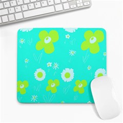 Daisy Flowers Lime Green White Turquoise  Large Mousepad by Mazipoodles