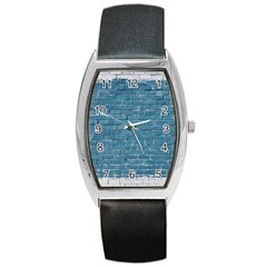 White And Blue Brick Wall Barrel Style Metal Watch by artworkshop