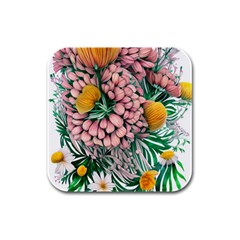 Coral Watercolor Flowers Botanical Foliage Rubber Square Coaster (4 Pack) by GardenOfOphir