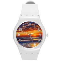 Nature s Sunset Over Beach Round Plastic Sport Watch (m) by GardenOfOphir