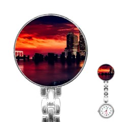 New York City Urban Skyline Harbor Bay Reflections Stainless Steel Nurses Watch by Jancukart