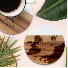 Tropical Island Fantasy Landscape Palm Trees Ocean Marble Wood Coaster (round) by Pakemis