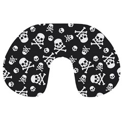 Skull-crossbones-seamless-pattern-holiday-halloween-wallpaper-wrapping-packing-backdrop Travel Neck Pillow by Ravend