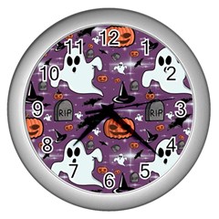 Pumpkin Ghost Witch Hat Halloween Sketch Holiday Wall Clock (silver) by Ravend