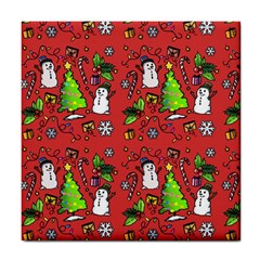 Santa Snowman Gift Holiday Christmas Cartoon Tile Coaster by Ravend