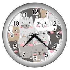 Cute Cats Seamless Pattern Wall Clock (silver) by Salman4z