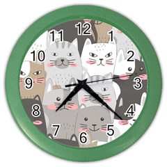 Cute Cats Seamless Pattern Color Wall Clock by Salman4z