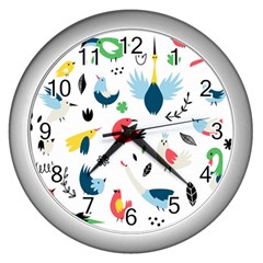 Vector Set Isolates With Cute Birds Scandinavian Style Wall Clock (silver) by Salman4z