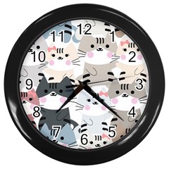 Cute Cat Couple Seamless Pattern Cartoon Wall Clock (black) by Salman4z