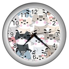 Cute Cat Couple Seamless Pattern Cartoon Wall Clock (silver) by Salman4z