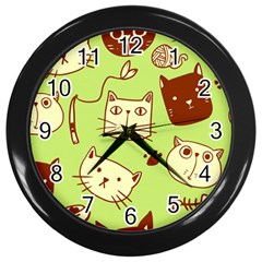 Cute Hand Drawn Cat Seamless Pattern Wall Clock (black) by Salman4z