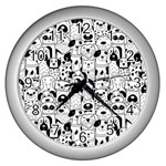 Seamless-pattern-with-black-white-doodle-dogs Wall Clock (Silver) Front