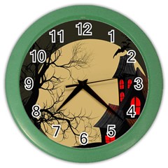 Halloween Moon Haunted House Full Moon Dead Tree Color Wall Clock by Ravend