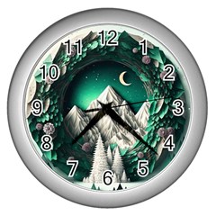 Christmas Wreath Winter Mountains Snow Stars Moon Wall Clock (silver) by Ravend