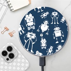 White-robot-blue-seamless-pattern Wireless Fast Charger(white) by Salman4z