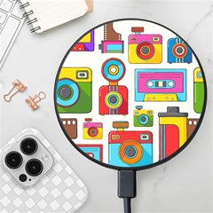 Retro-cameras-audio-cassettes-hand-drawn-pop-art-style-seamless-pattern Wireless Fast Charger(black) by Salman4z