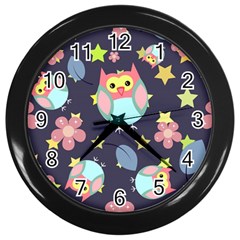 Owl-stars-pattern-background Wall Clock (black) by Salman4z