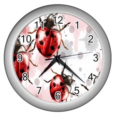 Ladybugs-pattern-texture-watercolor Wall Clock (silver) by Salman4z