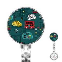 Seamless-pattern-hand-drawn-with-vehicles-buildings-road Stainless Steel Nurses Watch by Salman4z