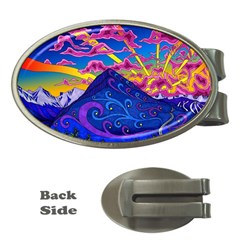 Psychedelic Colorful Lines Nature Mountain Trees Snowy Peak Moon Sun Rays Hill Road Artwork Stars Money Clips (oval)  by pakminggu