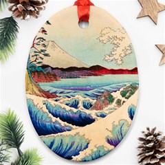 Wave Japanese Mount Fuji Woodblock Print Ocean Oval Ornament (two Sides) by Cowasu