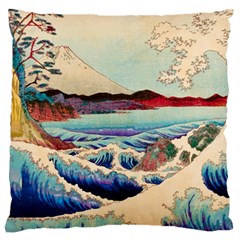 Wave Japanese Mount Fuji Woodblock Print Ocean Large Premium Plush Fleece Cushion Case (one Side) by Cowasu