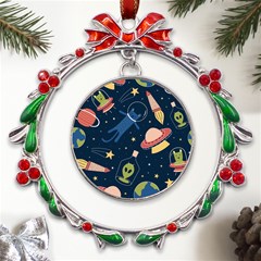 Seamless-pattern-with-funny-aliens-cat-galaxy Metal X mas Wreath Ribbon Ornament by Wav3s