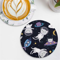 Space Cat Illustration Pattern Astronaut Uv Print Round Tile Coaster by Wav3s