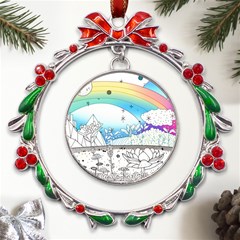 Rainbow Fun Cute Minimal Doodle Drawing Arts Metal X mas Wreath Ribbon Ornament by uniart180623