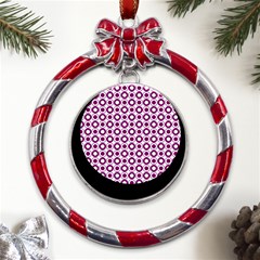 Mazipoodles Magenta White Donuts Polka Dot Metal Red Ribbon Round Ornament by Mazipoodles