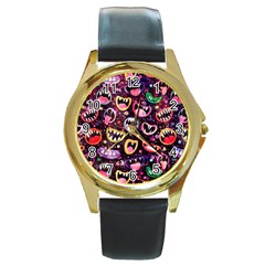 Funny Monster Mouths Round Gold Metal Watch by uniart180623