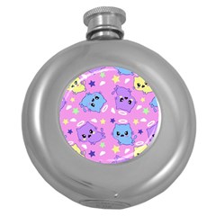 Seamless Pattern With Cute Kawaii Kittens Round Hip Flask (5 Oz) by Simbadda