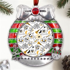 Funny Hand Drawn Halloween Pattern Metal X mas Ribbon With Red Crystal Round Ornament by Simbadda