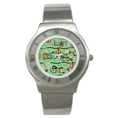 Seamless Pattern Fishes Pirates Cartoon Stainless Steel Watch by Simbadda