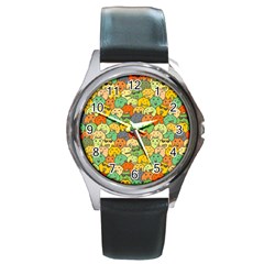 Seamless Pattern With Doodle Bunny Round Metal Watch by Simbadda