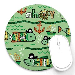 Seamless Pattern Fishes Pirates Cartoon Round Mousepad by Simbadda