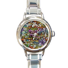 Graffiti Word Seamless Pattern Round Italian Charm Watch by Simbadda