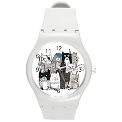 Cute Cat Hand Drawn Cartoon Style Round Plastic Sport Watch (m) by Simbadda