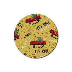 Childish-seamless-pattern-with-dino-driver Rubber Coaster (round) by Simbadda