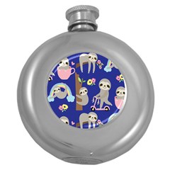 Hand-drawn-cute-sloth-pattern-background Round Hip Flask (5 Oz) by Simbadda